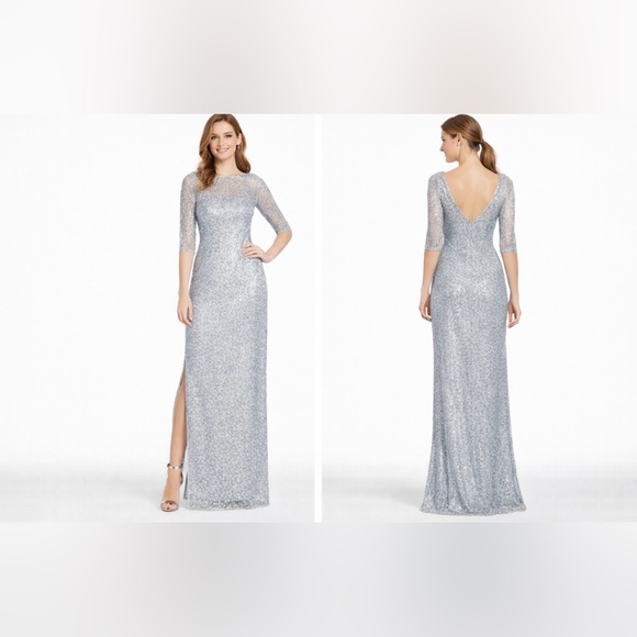 Kay Unger Formal Dress 14 Blue Silver Sequin Long Wedding Party Cruise Holiday